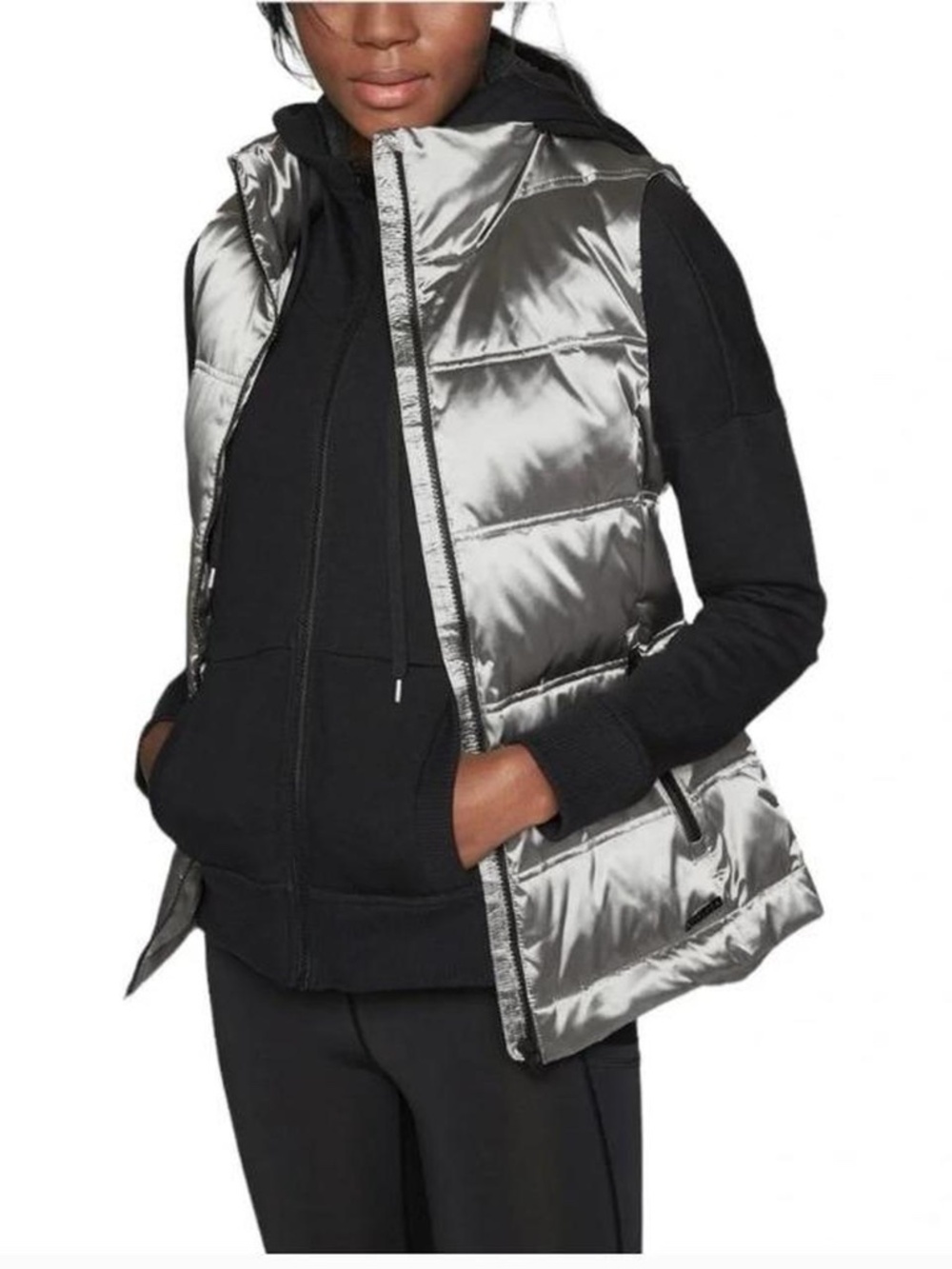 Athleta Silver Twill Down Puffer Vest *Metallic Chrome High Neck Quilted L